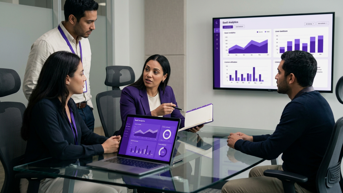 Cross-functional IT, finance, and SAM team collaborating around a conference table with analytics dashboards on laptops and a large screen
