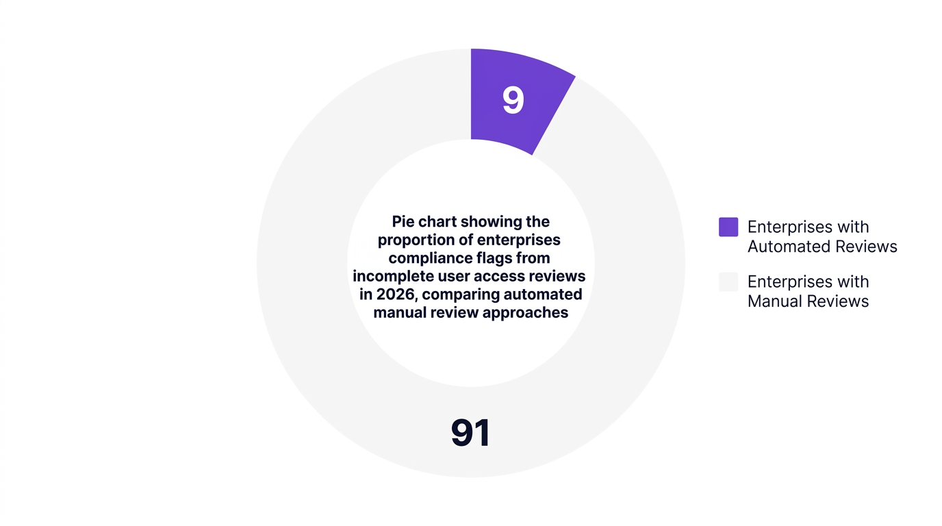 Pie chart showing pie chart showing the proportion of enterprises experiencing compliance flags from incomplete user access reviews in 2026, comparing automated versus manual review approaches — data visualization for share of saas-heavy enterprises reporting at least one compliance flag