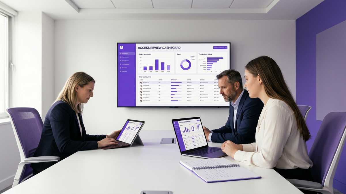 IT and compliance professionals collaborating around a conference table while reviewing SaaS access governance dashboards on a large wall screen