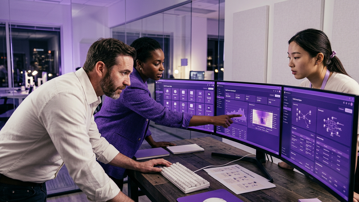 IT and security team collaborating in front of monitors showing SSO access dashboards and application tiles