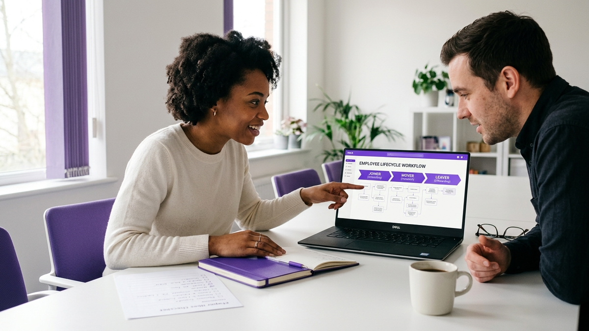 HR and IT professionals reviewing an employee lifecycle workflow on a laptop in a collaborative meeting room