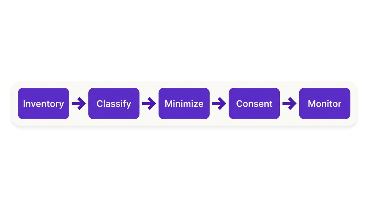 Five-step AI data governance blueprint diagram showing Inventory, Classify, Minimize, Consent, and Monitor nodes connected in a horizontal flow