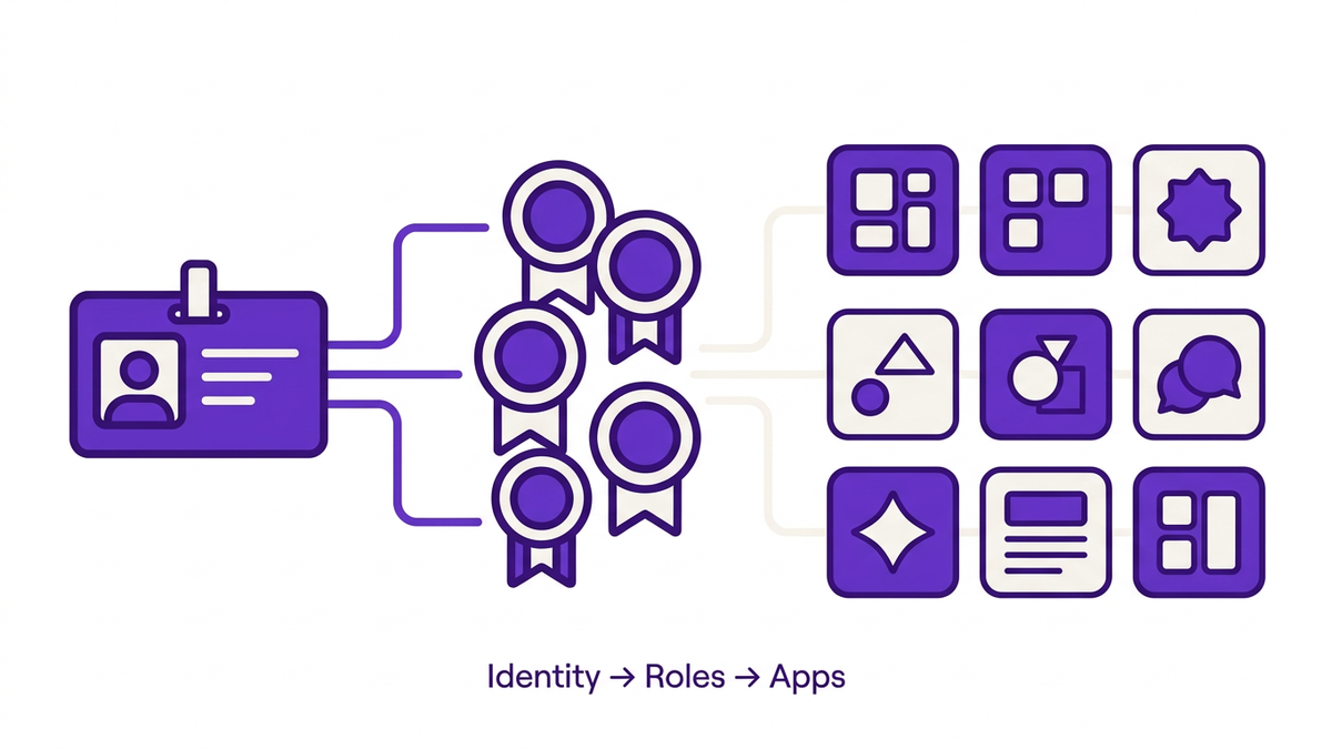 Flat illustration showing identity icon flowing into role groups and then into application icons, representing role-based access onboarding