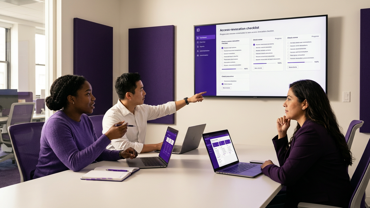IT professionals collaborating around a conference table reviewing an offboarding access checklist on a large screen