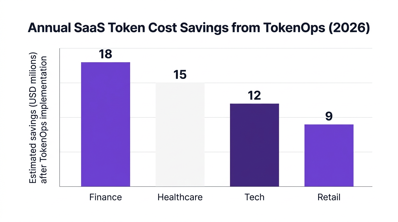 Bar chart comparing annual SaaS token cost savings from TokenOps across Finance, Healthcare, Tech, and Retail sectors in 2026