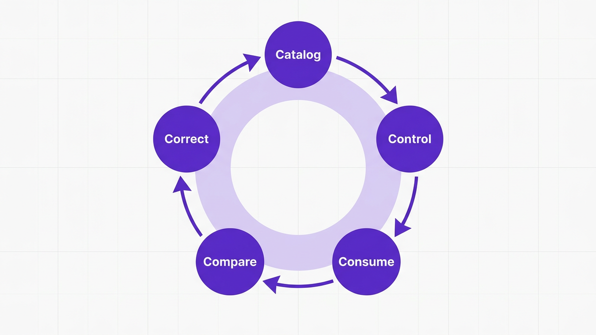 Circular five-step process diagram of the 5C TokenOps Loop: Catalog, Control, Consume, Compare, Correct