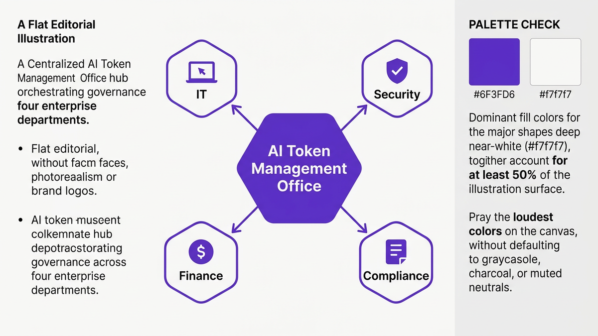 Flat illustration of a centralized AI Token Management Office hub connected to IT, Security, Finance, and Compliance departments