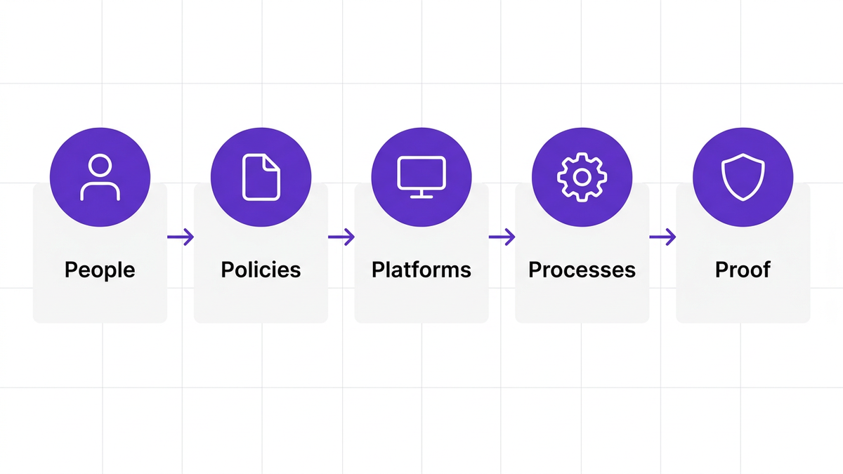 Horizontal 5-step diagram illustrating the 5P Shadow AI Governance Model with labeled nodes for People, Policies, Platforms, Processes, and Proof