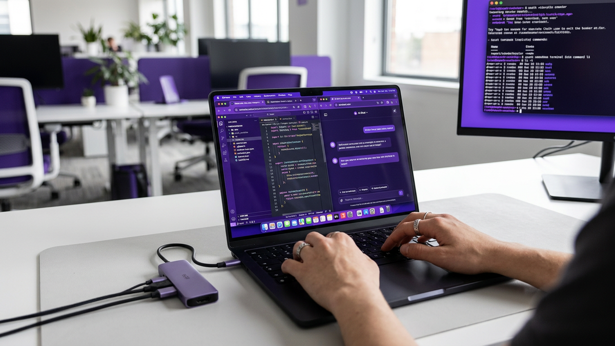 Knowledge worker at a desk using a laptop with multiple browser tabs open including code and AI chat interfaces, focus on hands and screen