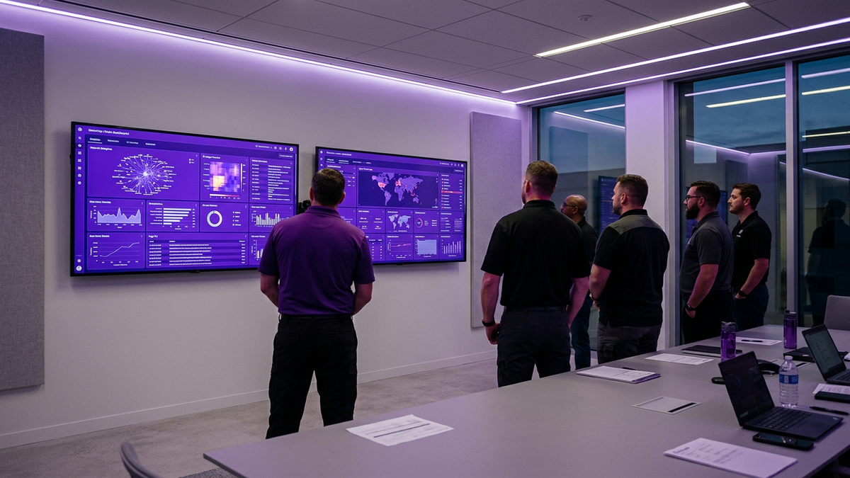 Enterprise security and IT leaders in a conference room reviewing AI usage dashboards and analytics on large screens