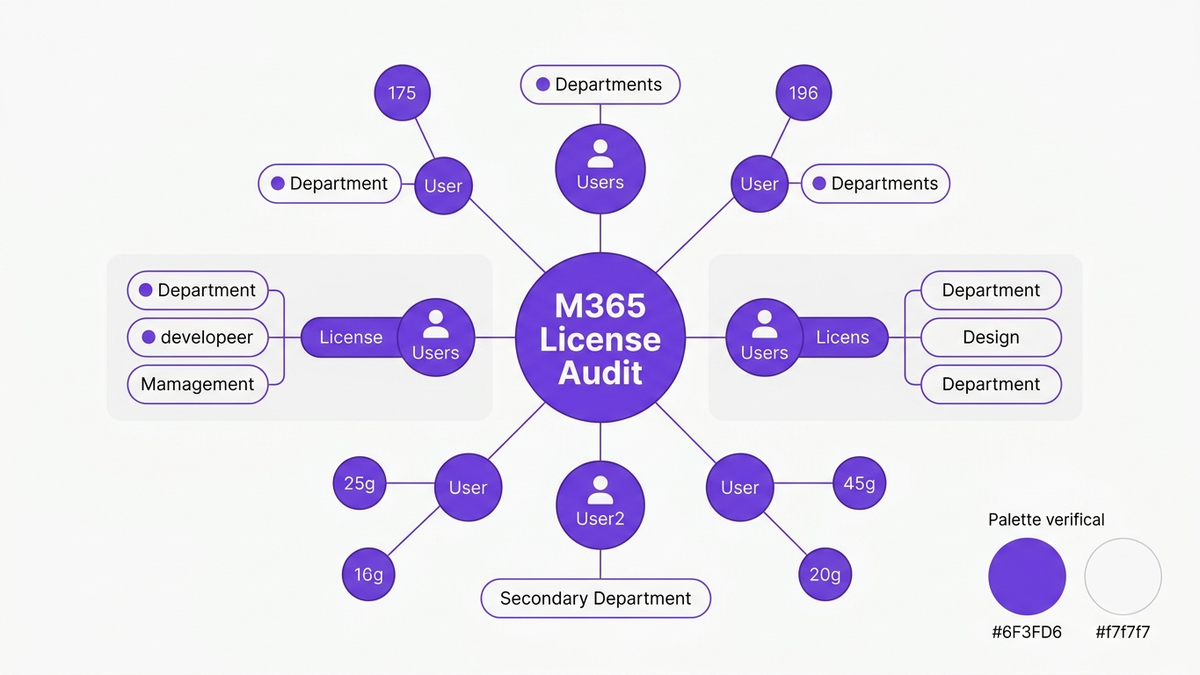 Flat editorial illustration of a structured M365 license audit showing users, departments, and license counts in a connected network dashboard