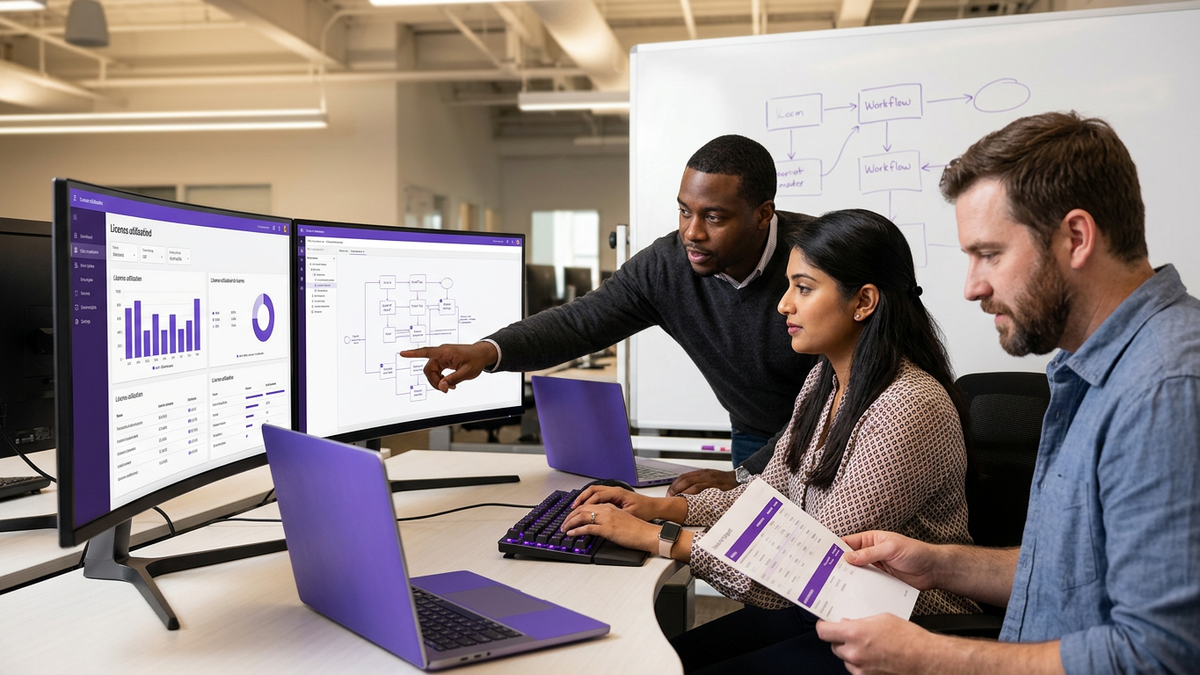 Editorial photograph of a diverse IT team collaborating around automation dashboards for Microsoft 365 license management