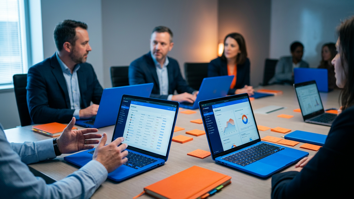 Cross-functional security and risk stakeholders collaborating around a conference table with laptops showing AI discovery dashboards