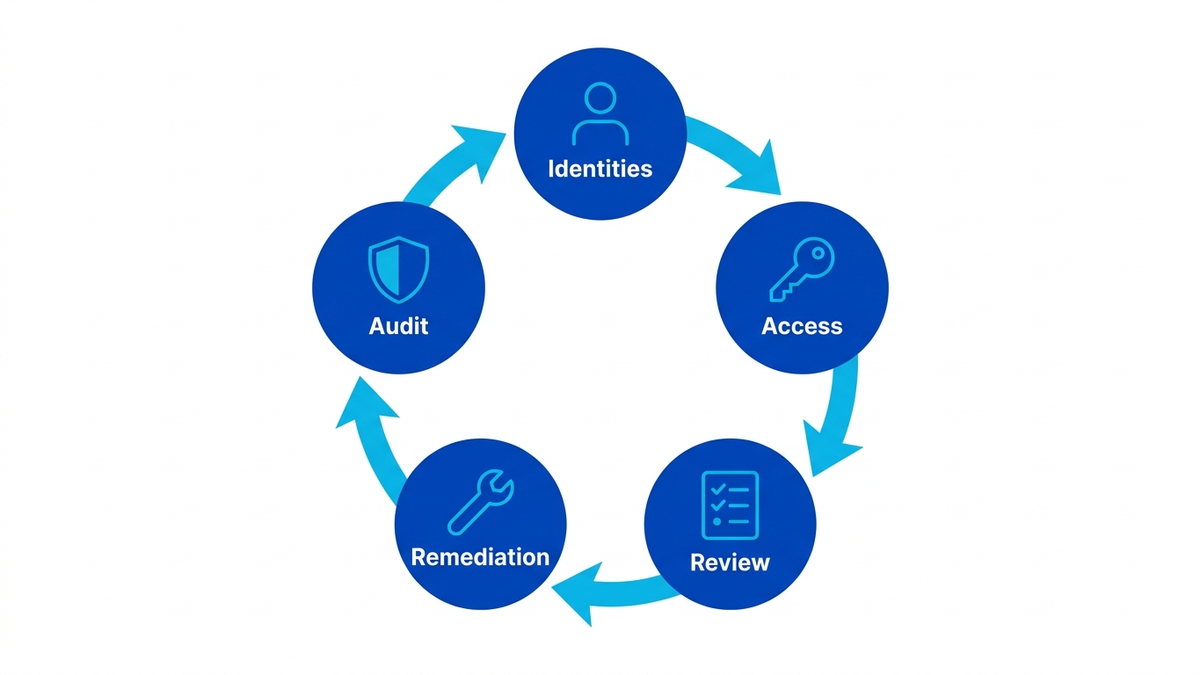 Circular process illustration showing the five stages of user access reviews: Identities, Access, Review, Remediation, and Audit