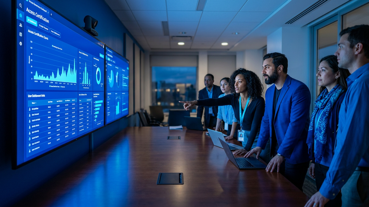 Security and compliance professionals collaborating in a conference room reviewing access governance dashboards on a large screen