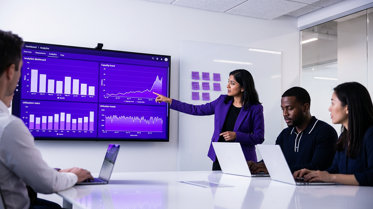 IT and finance leaders collaborating around analytics dashboards in a modern office meeting room