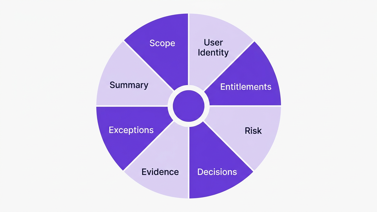 Eight-segment circular diagram illustrating the key components of a user access review template framework