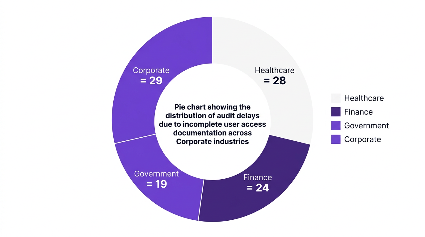 Pie chart showing pie chart showing the distribution of audit delays due to incomplete user access documentation across healthcare, finance, government, and corporate industries — data visualization for share of audit delays by industry (%)