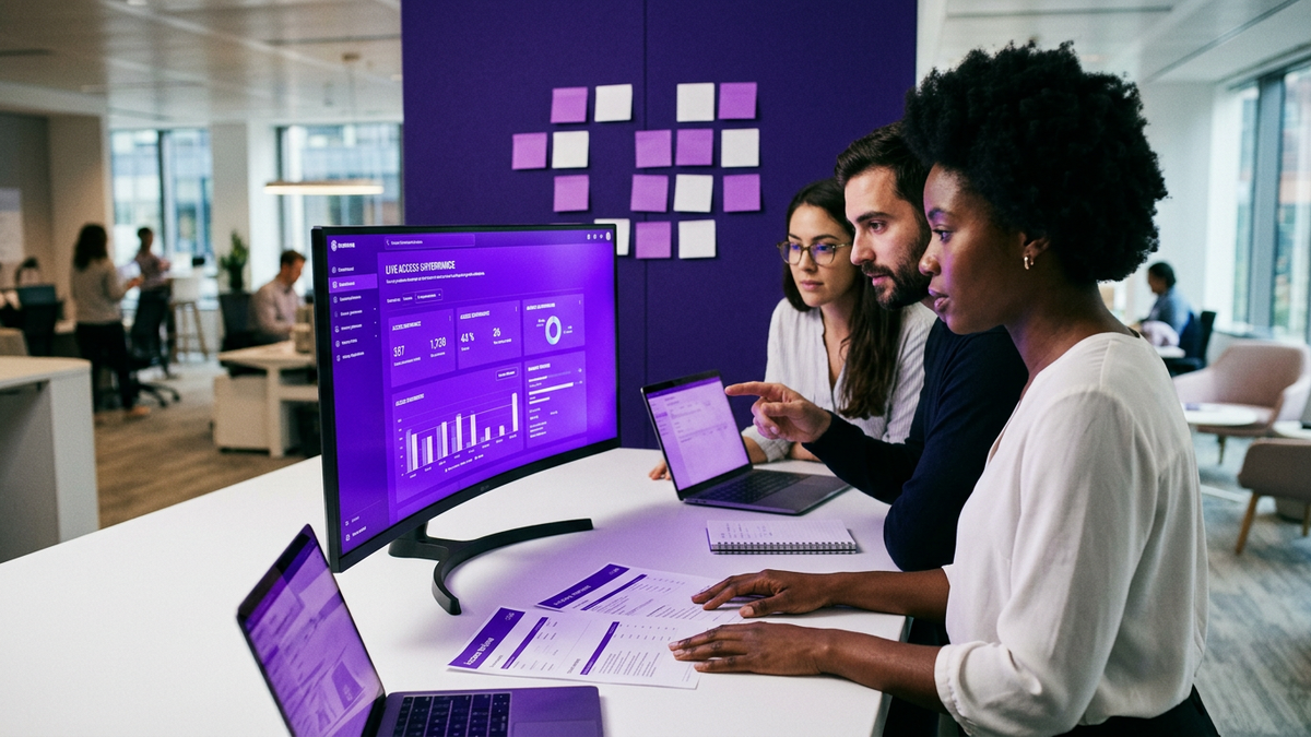 IT and security professionals collaborating around dashboards in a modern office to review user access governance