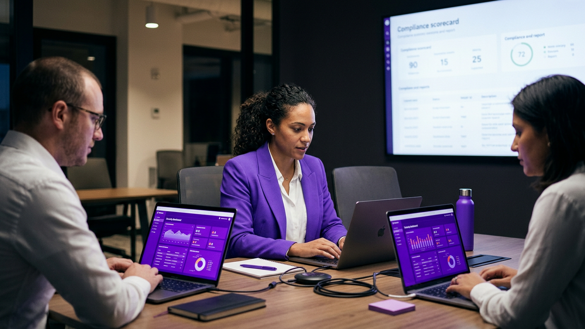 Enterprise IT and security leaders collaborating around a conference table reviewing security dashboards in a modern office