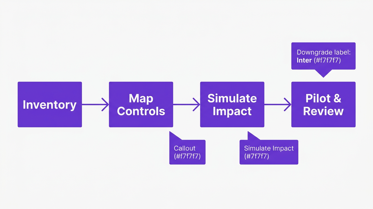 Four-step horizontal workflow diagram showing the safe E5 to E3 downgrade process: Inventory, Map Controls, Simulate Impact, Pilot & Review