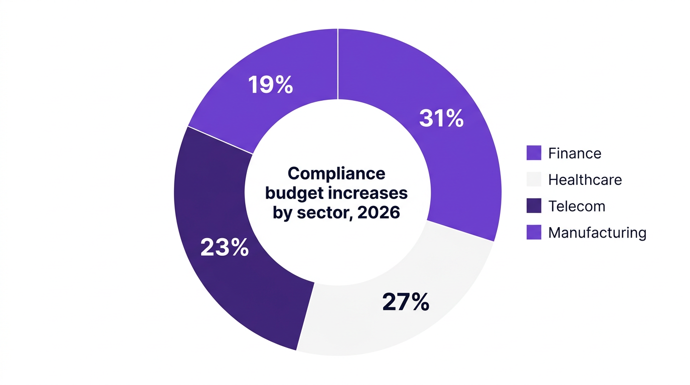 Pie chart showing compliance budget increases by sector, 2026 — data visualization for % share of sectors expecting increased budgets
