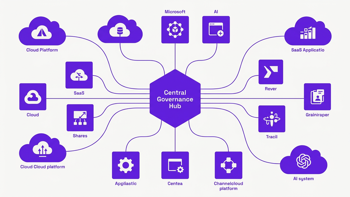 Network illustration showing cloud, SaaS, and AI nodes connected to a central governance hub for EU AI Act scoping