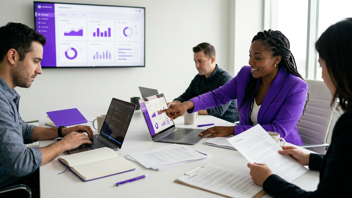 Enterprise professionals collaborating around a conference table over laptops and compliance documents