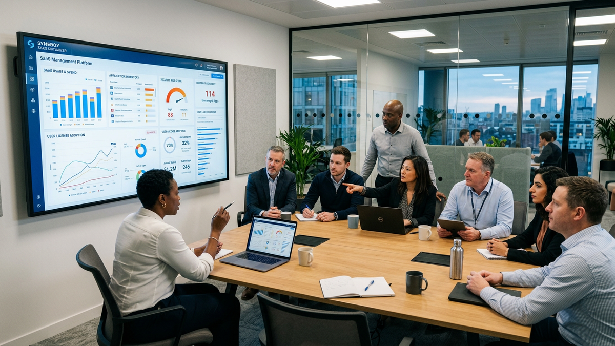 Enterprise IT and security leaders collaborating in a conference room while reviewing SaaS management dashboards on a large display screen.