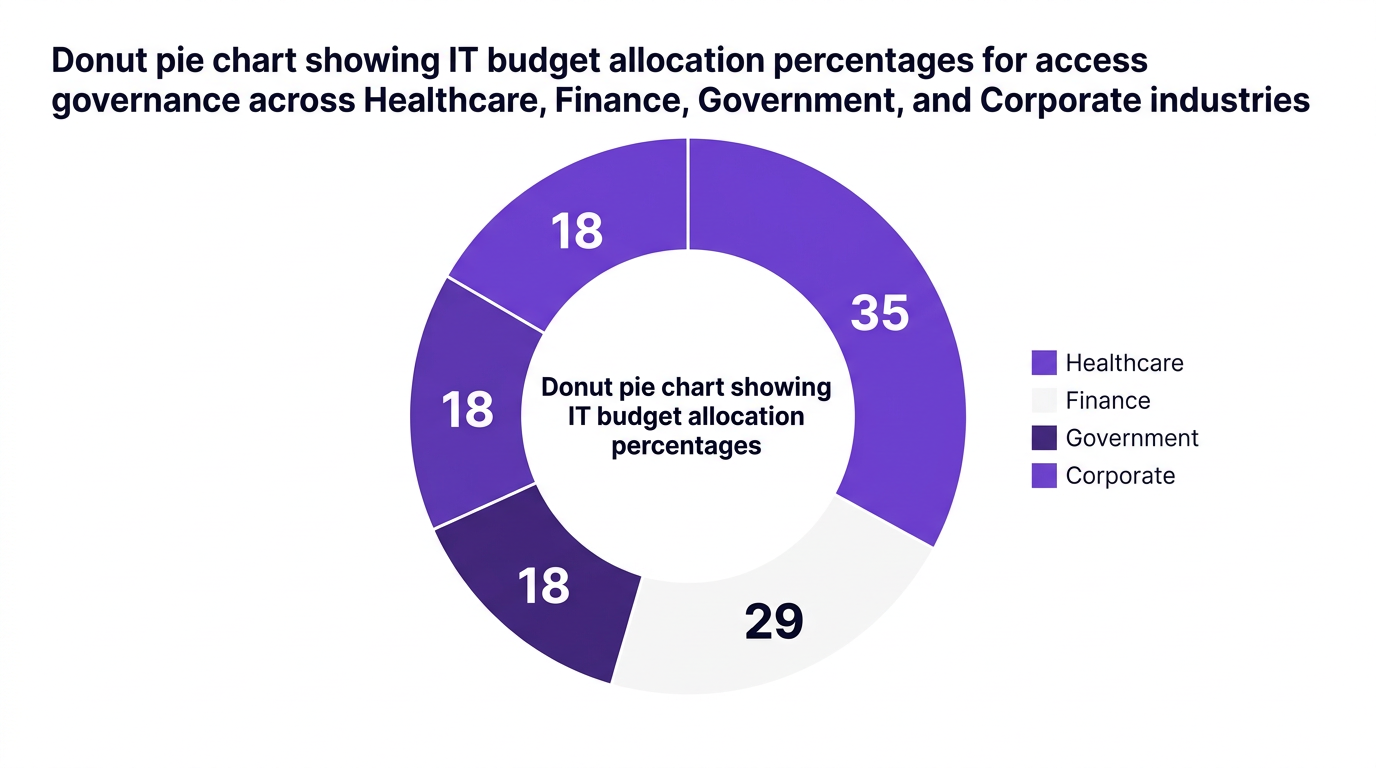 Pie chart showing donut pie chart showing it budget allocation percentages for access governance across healthcare, finance, government, and corporate industries — data visualization for it budget allocation for access governance by industry (%)