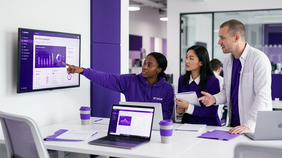 Diverse IT and security team collaborating around laptops showing identity lifecycle dashboards in a modern office environment