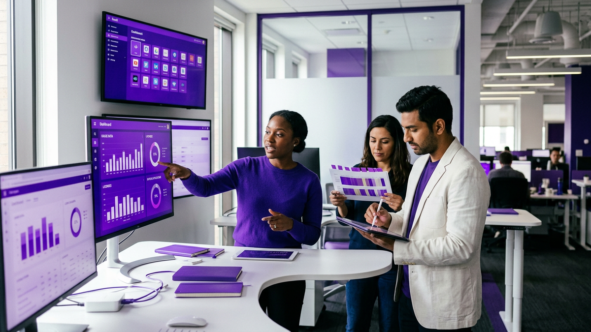 Enterprise IT and security team collaborating over SaaS dashboards showing app usage charts on large monitors in a modern office