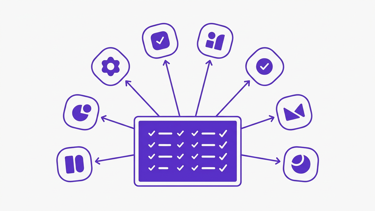 Flat illustration of a central SaaS governance console automating access review approvals across multiple connected application nodes