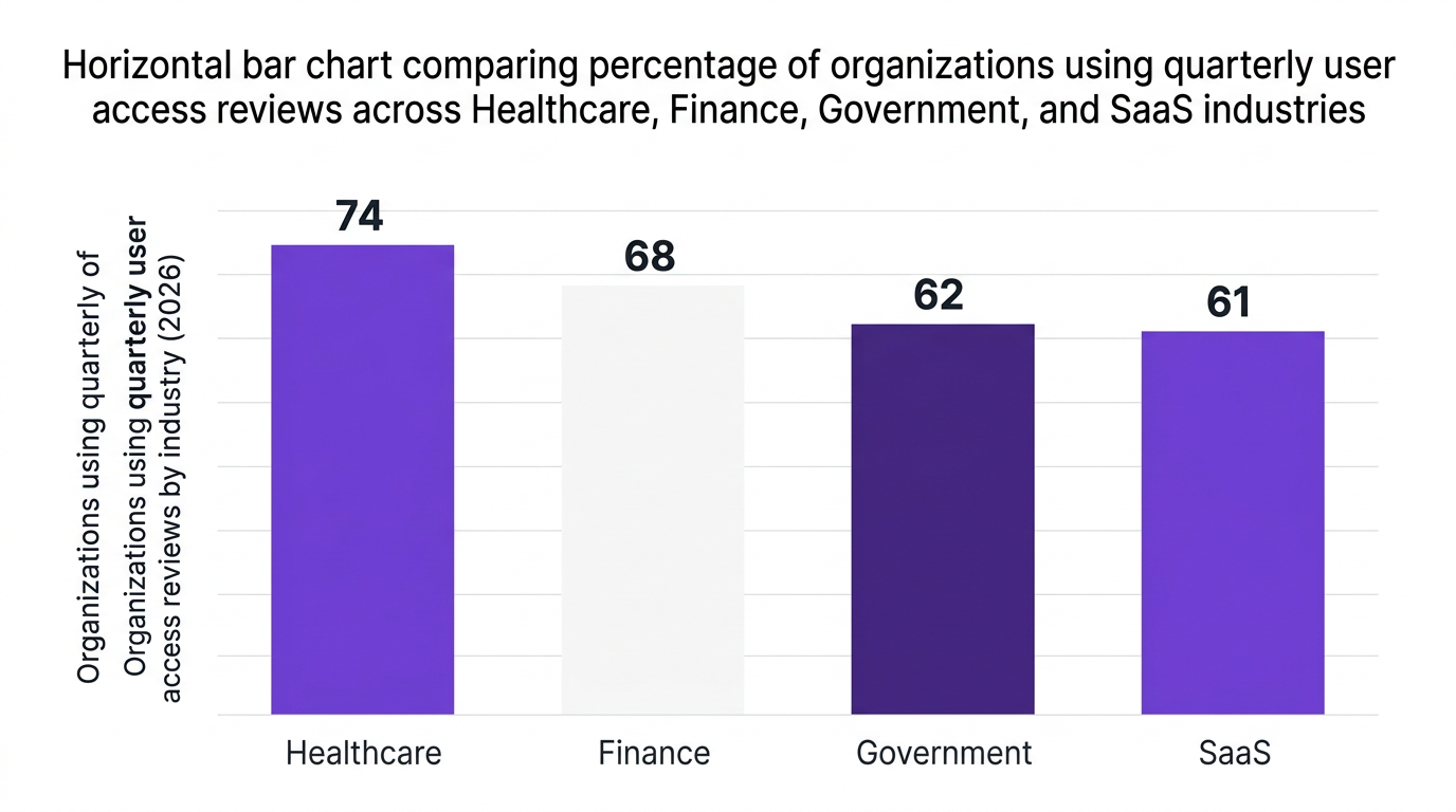 Bar chart showing horizontal bar chart comparing percentage of organizations using quarterly user access reviews across healthcare, finance, government, and saas industries — data visualization for organizations using quarterly user access reviews by industry (2026)