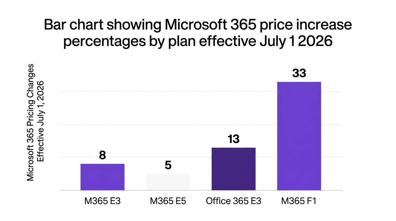 Bar chart showing bar chart showing microsoft 365 price increase percentages by plan effective july 1 2026 — data visualization for microsoft 365 pricing changes effective july 1, 2026