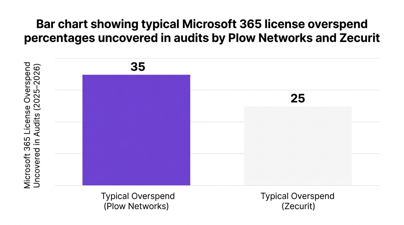 Bar chart showing bar chart showing typical microsoft 365 license overspend percentages uncovered in audits by plow networks and zecurit — data visualization for microsoft 365 license overspend uncovered in audits (2025–2026)