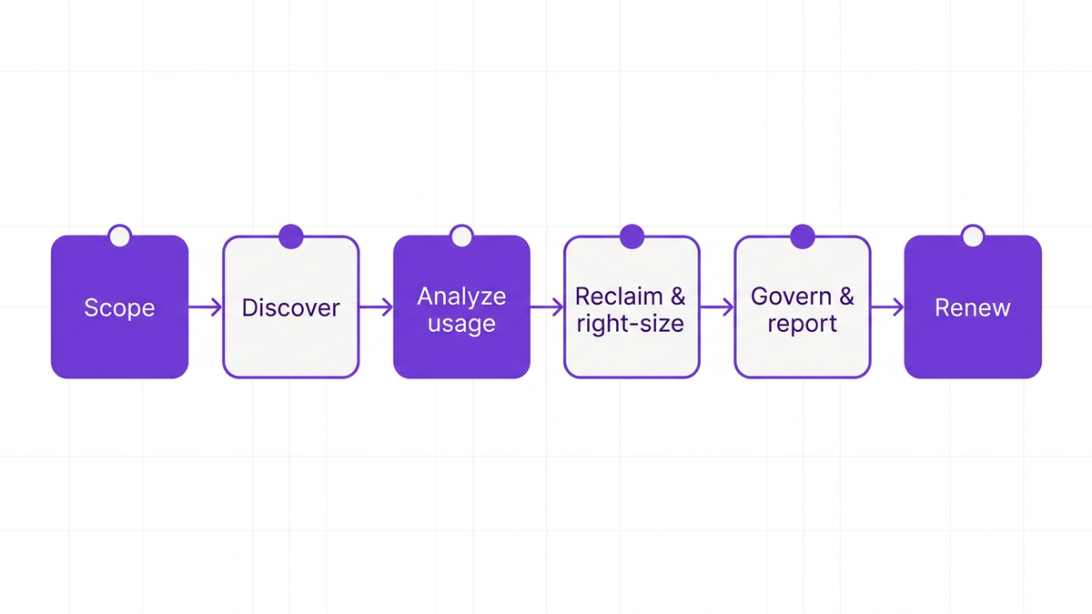 Left-to-right process flow diagram of the six-step Microsoft 365 license audit workflow from Scope to Renew