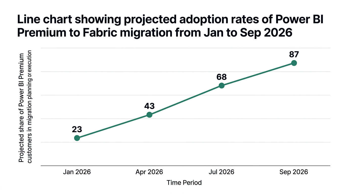 Line chart showing line chart showing projected adoption rates of power bi premium to fabric migration from jan to sep 2026 — data visualization for projected share of power bi premium customers in migration planning or execution