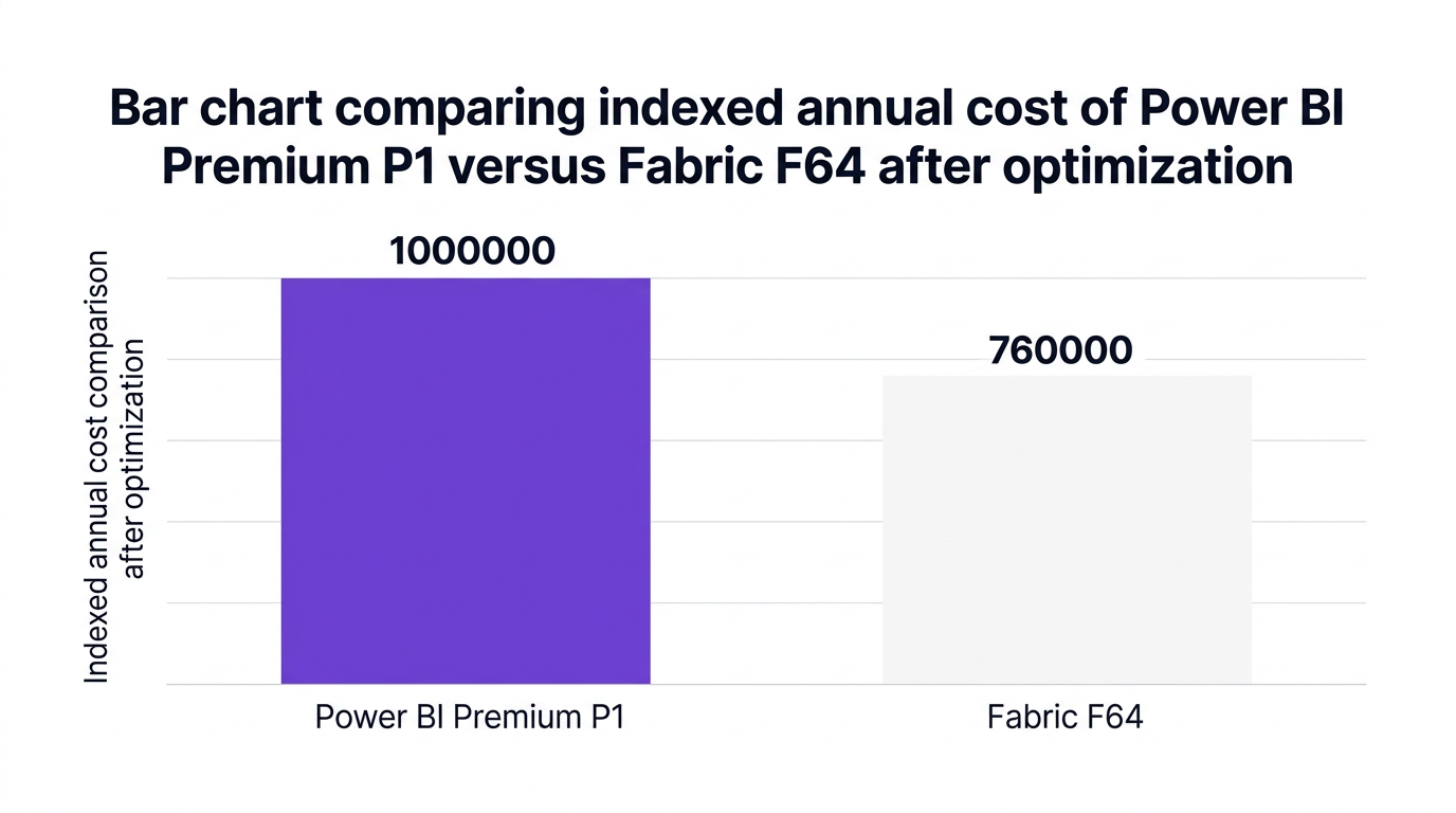 Bar chart showing bar chart comparing indexed annual cost of power bi premium p1 versus fabric f64 after optimization — data visualization for indexed annual cost comparison after optimization