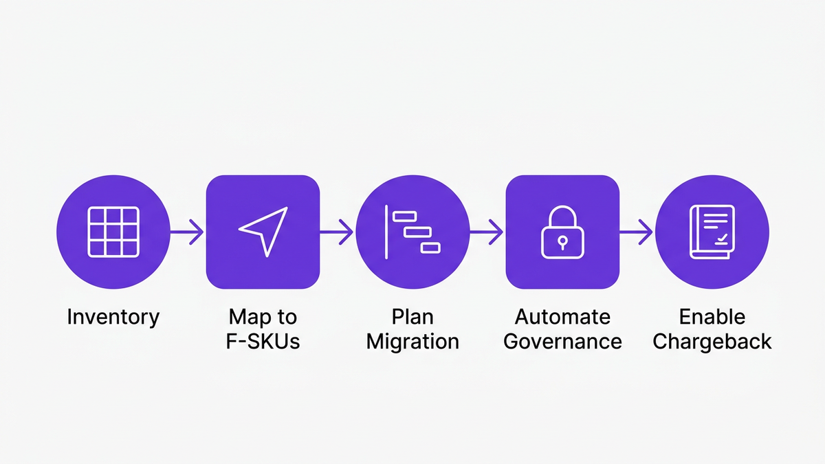 Five-step horizontal process illustration for Power BI Premium to Fabric migration guide with labeled steps