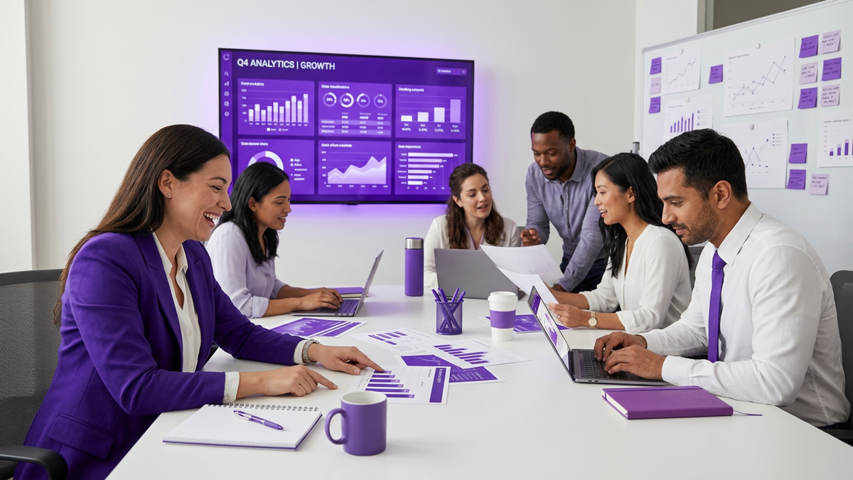 Enterprise IT and finance team collaborating in a conference room reviewing migration cost analytics on screen