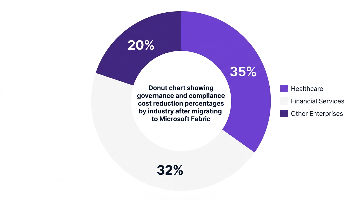 Pie chart showing donut chart showing governance and compliance cost reduction percentages by industry after migrating to microsoft fabric — data visualization for average governance and compliance cost reduction after fabric migration