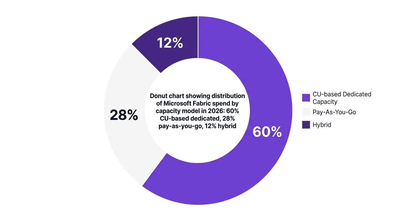 Pie chart showing donut chart showing distribution of microsoft fabric spend by capacity model in 2026: 60% cu-based dedicated, 28% pay-as-you-go, 12% hybrid — data visualization for distribution of microsoft fabric spend by capacity model (%)