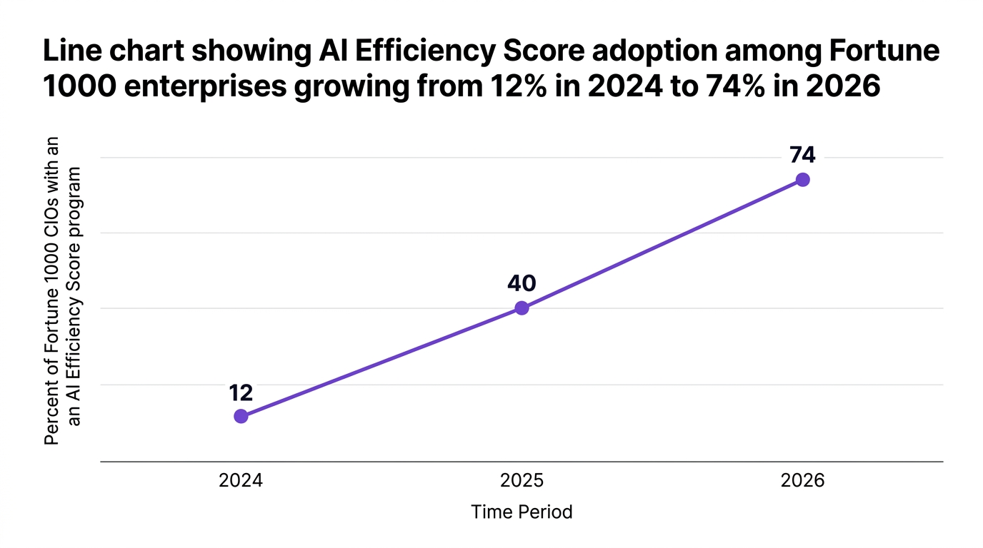Line chart showing line chart showing ai efficiency score adoption among fortune 1000 enterprises growing from 12% in 2024 to 74% in 2026 — data visualization for percent of fortune 1000 cios with an ai efficiency score program