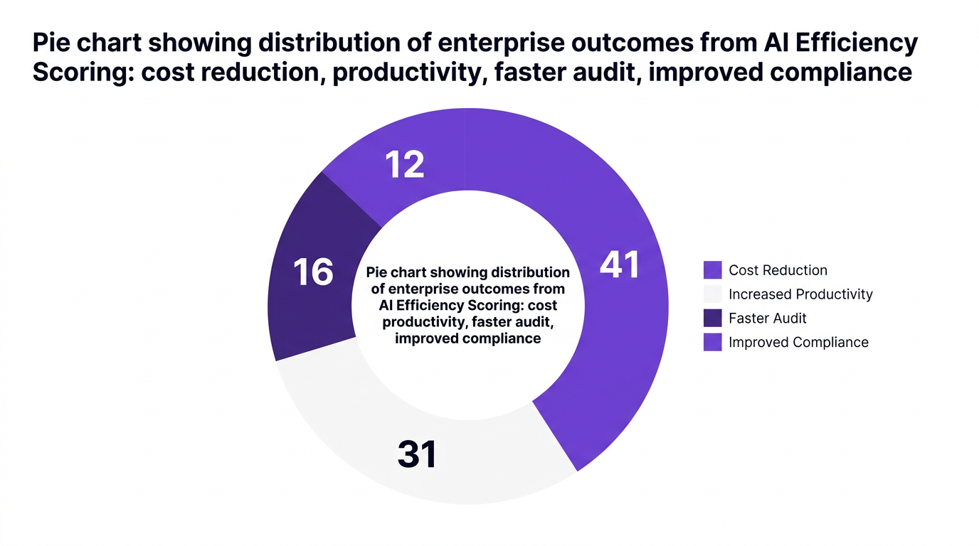 Pie chart showing pie chart showing distribution of enterprise outcomes from ai efficiency scoring: cost reduction, productivity, faster audit, improved compliance — data visualization for share of reported outcomes from ai efficiency scoring initiatives