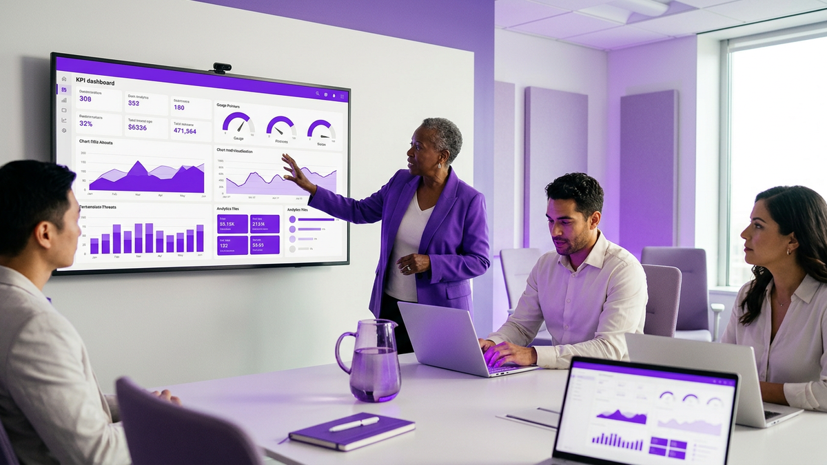 CIO and IT leaders collaborating in a conference room reviewing AI and SaaS KPI dashboards on a large screen