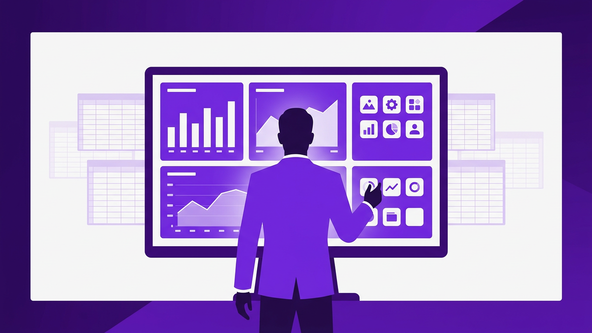 Flat illustration of an IT leader viewing a unified SaaS dashboard as chaotic spreadsheets fade into the background