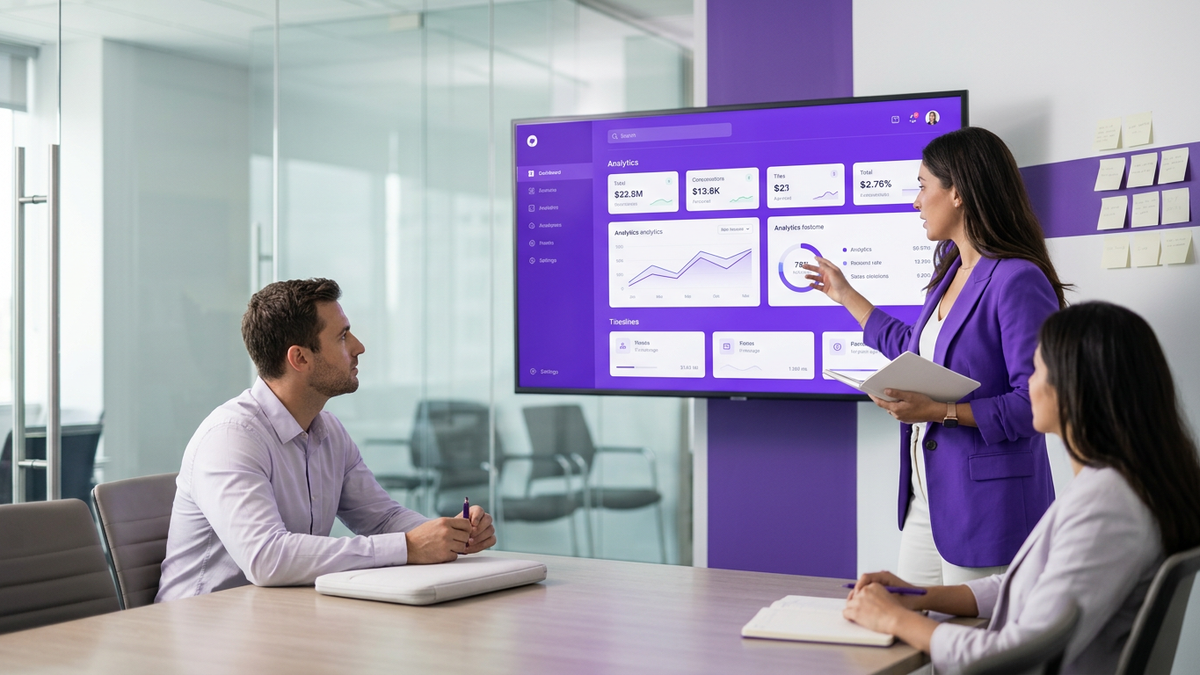 Enterprise IT and finance professionals collaborating in a modern conference room around a large SaaS management dashboard screen
