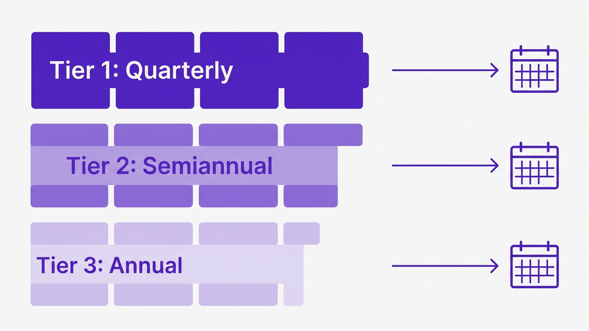 Flat illustration of three risk-tiered application stacks mapped to quarterly, semiannual, and annual review calendars