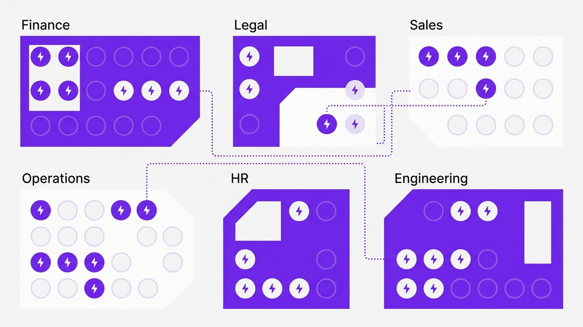 Flat editorial illustration showing enterprise departments with active and unused Copilot license seats